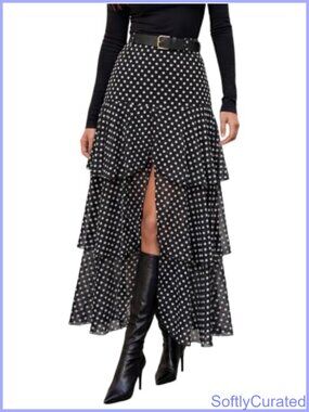 Womens High Waist Plaid Tiered Maxi Skirt A-Line Front Slit Polyester Blend
